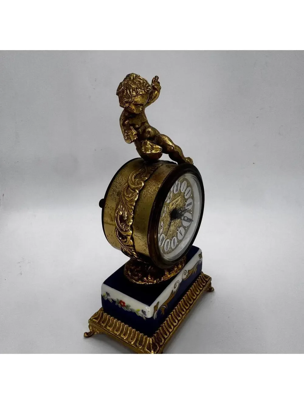 Vintage Jerger Cherub Mantel Clock: Cobalt Blue Porcelain, Gold Gilt, Working